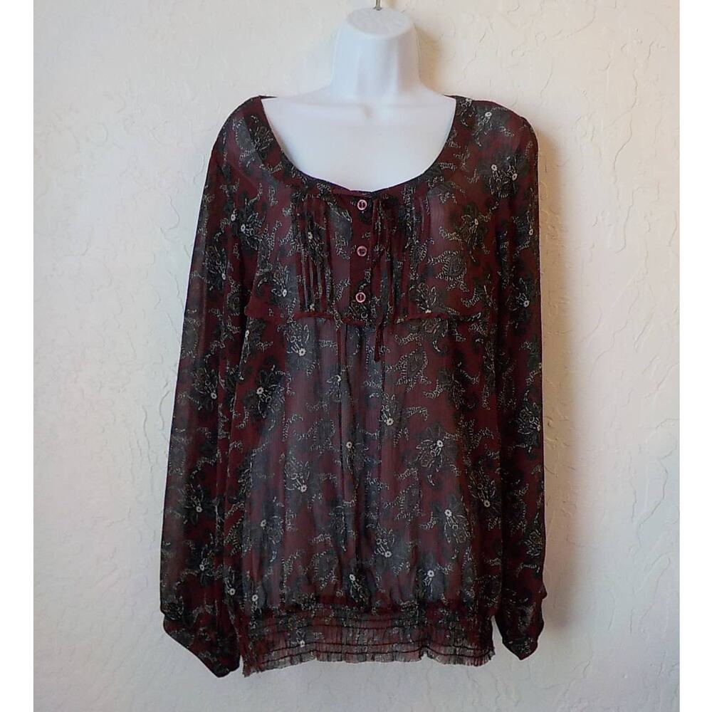 Maurices Sheer Pink Floral Blouse Women Sz XXL Henley Long Sleeve Elastic Waist